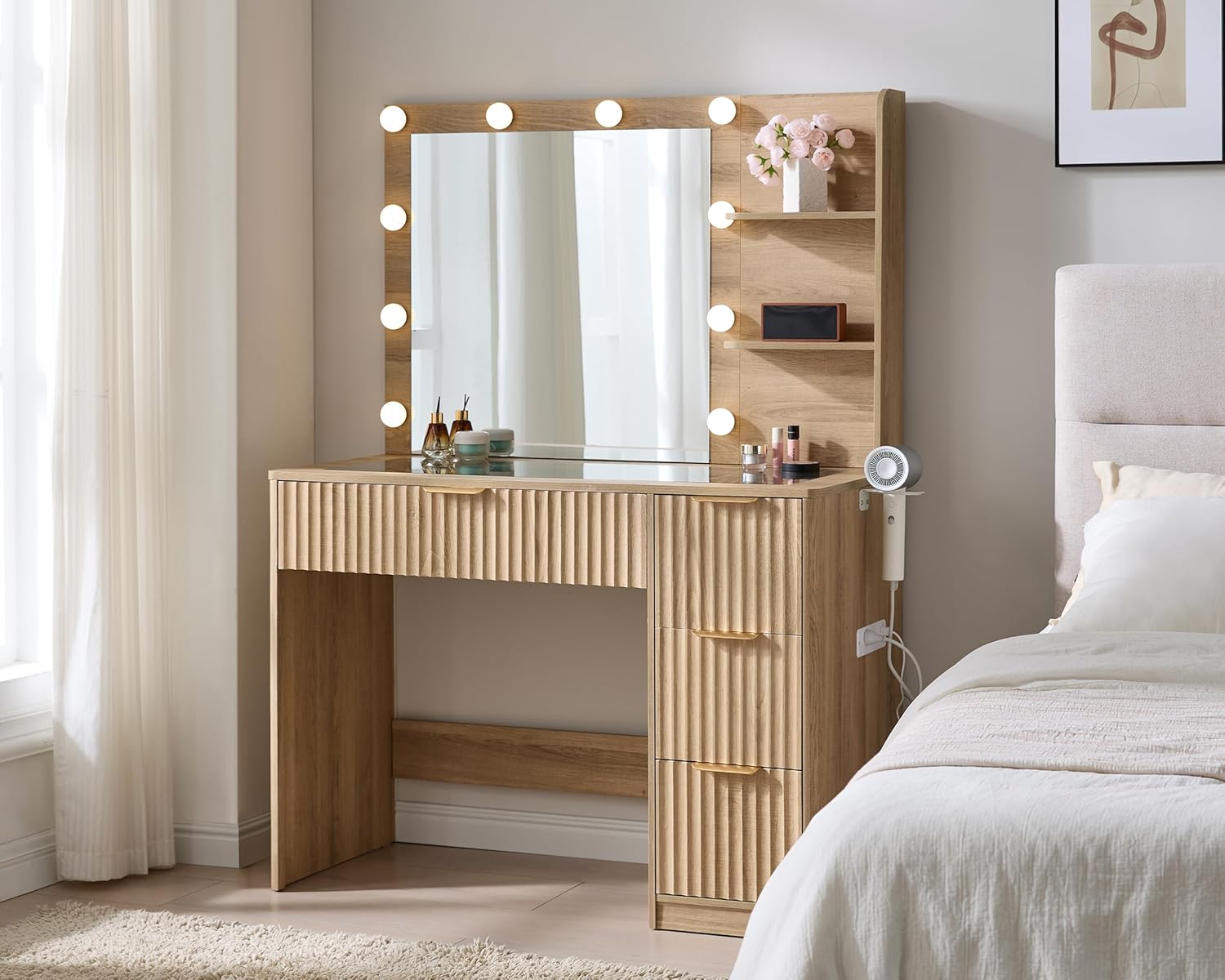 Desk Charging Station - Natural Oak Fluted Vanity Desk with