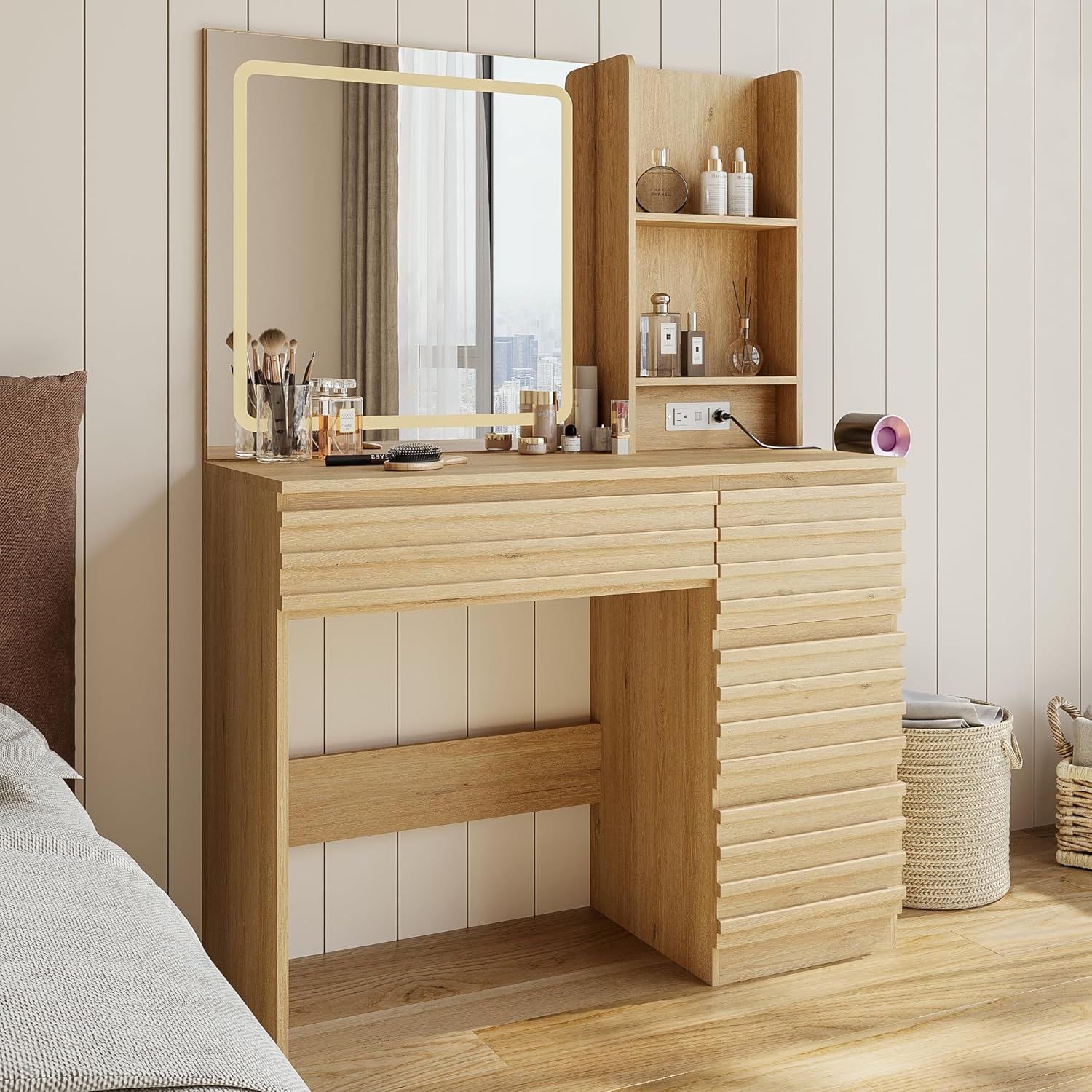 Bedroom Vanity Desk Set in Oak - Desk Charging Station review and price