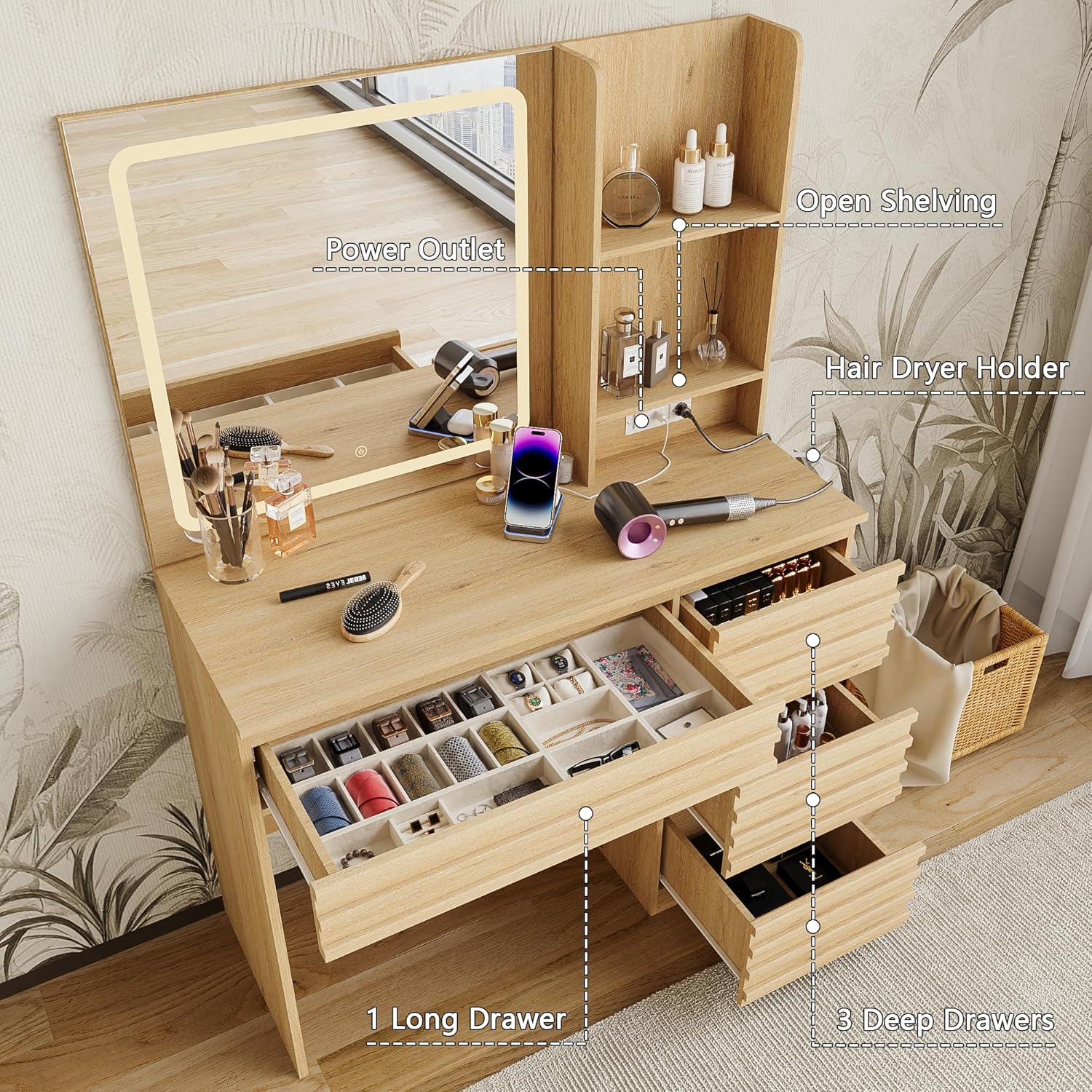 Bedroom Vanity Desk Set in Oak - Desk Charging Station review and price