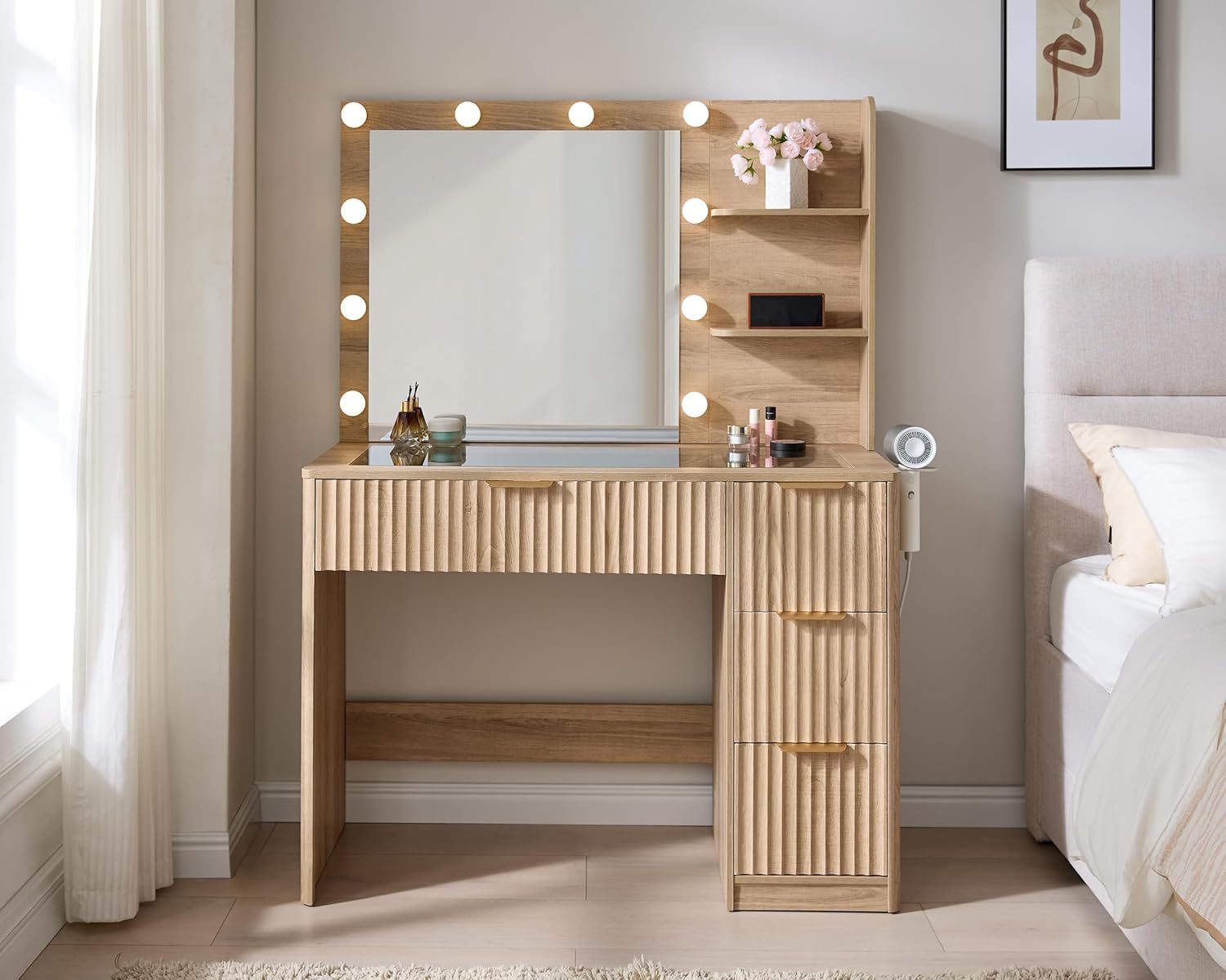 Natural Oak Fluted Vanity Desk - Desk Charging Station review and price