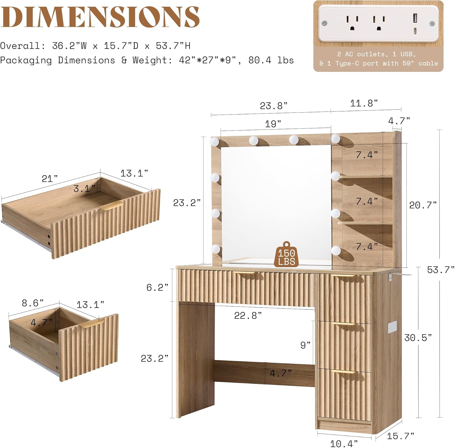 Natural Oak Fluted Vanity Desk - Desk Charging Station review and price