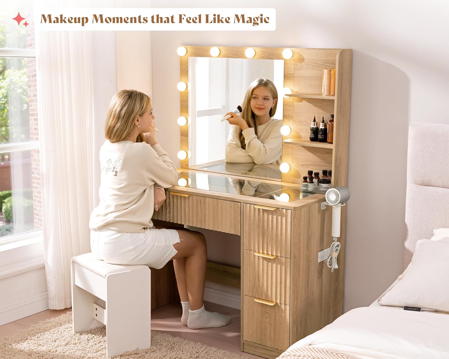 Natural Oak Fluted Vanity Desk - Desk Charging Station review and price