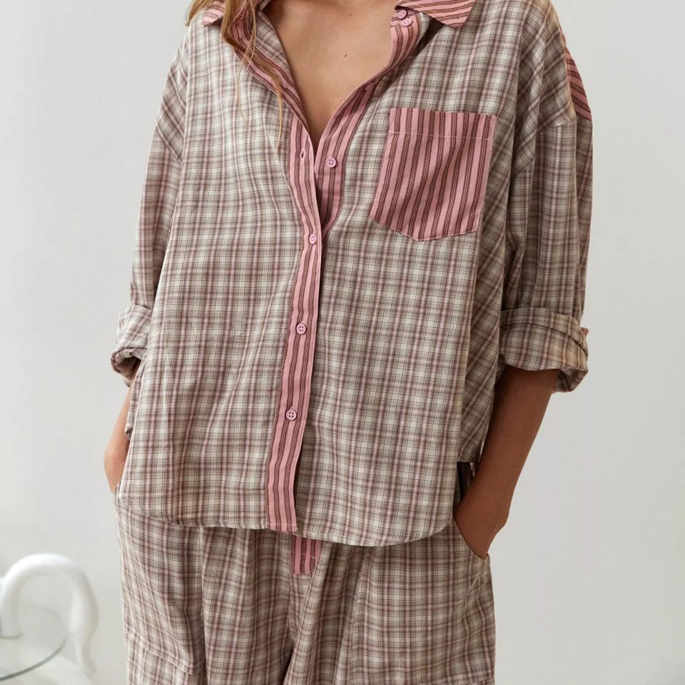 Stripe Plaid Patchwork Blouse  - Home Office 2024 review and price