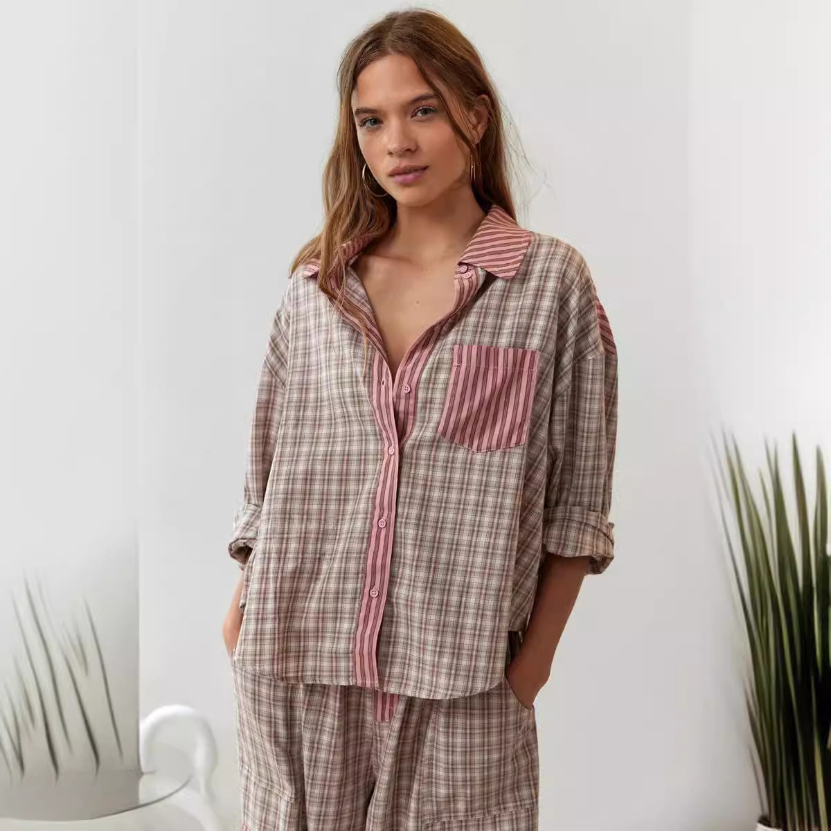Stripe Plaid Patchwork Blouse  - Home Office 2024 review and price